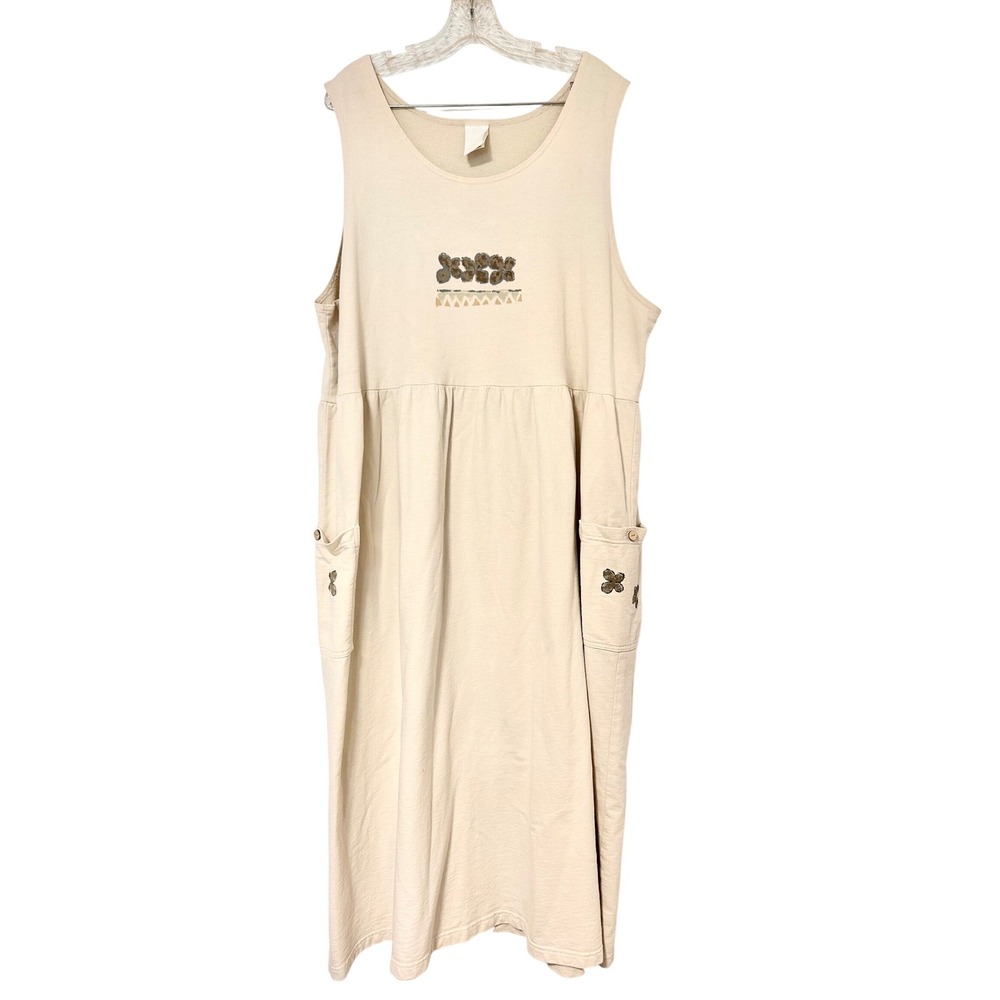 Hot Cotton Woman Vintage Cream Cotton Embroidered Sleeveless Jumper Dress 2X USA